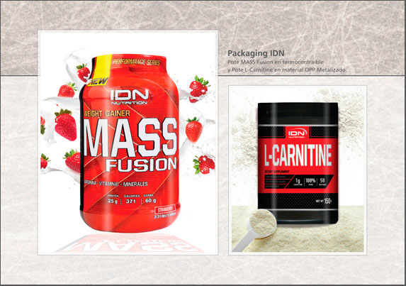 Pote Mass Fusion impreso sobre plástico termocontraíble y Pote de L-Carnitine en OPP metalizado plata. Cliente: IDN Nutrition.
