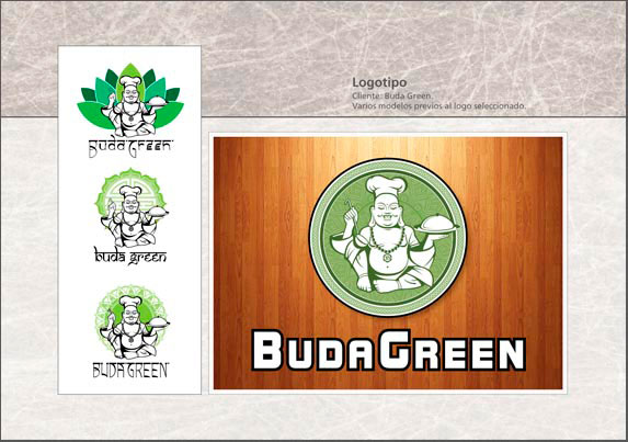 Diseño de logotipo con base a la idea del Buda cocinero presentada por el cliente: Buda Green.